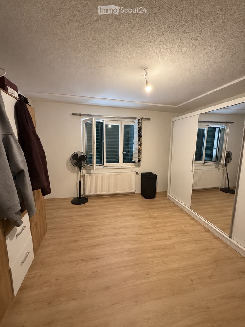 Empty room with wooden flooring, white walls, large window with blinds, radiator, and a small fan. There is a closet with a mirror and a coat hanging on the side.