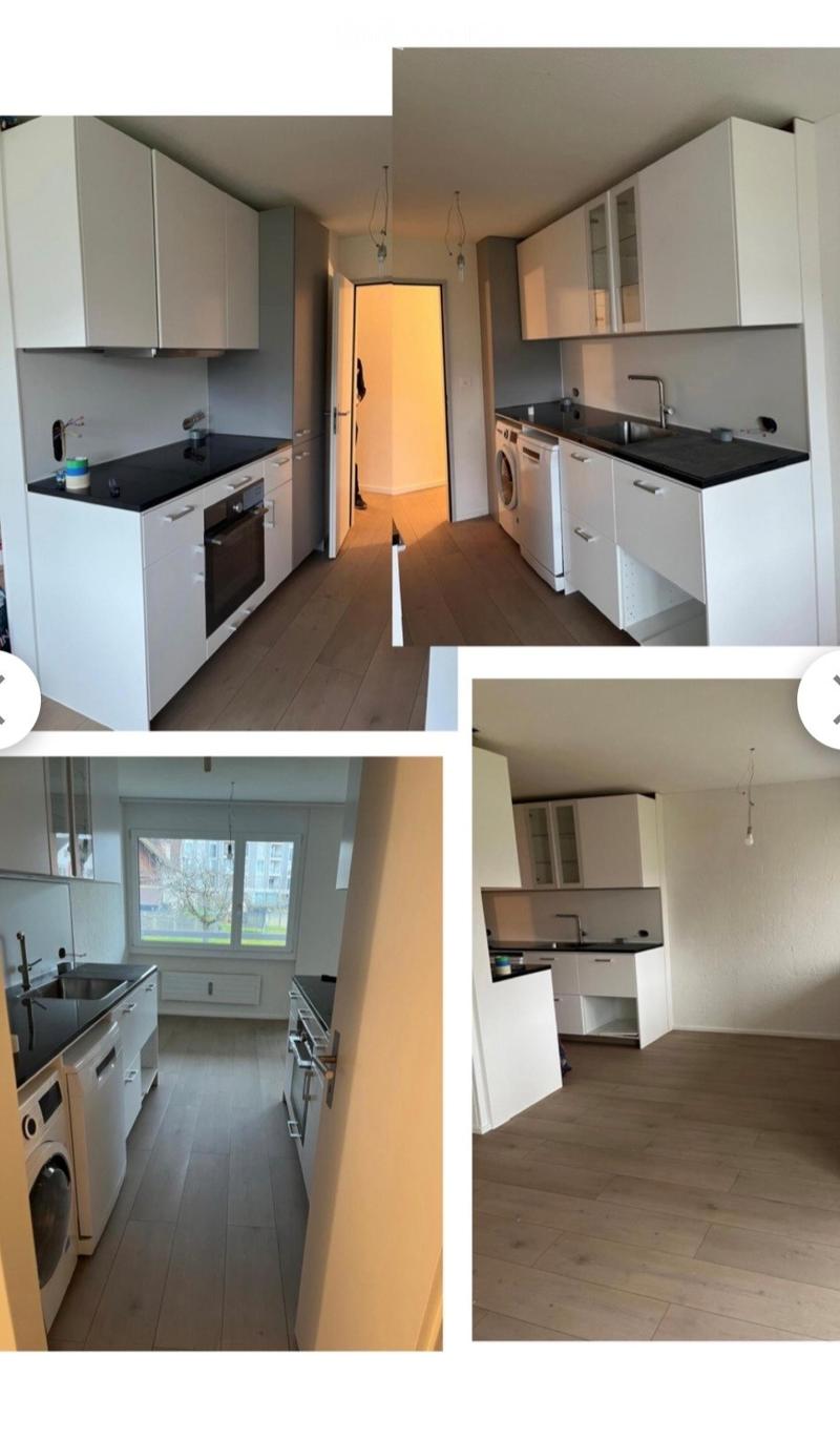 Four images of a modern kitchen with white cabinets, black countertops, and wooden flooring. The kitchen features a sink, faucet, oven, dishwasher, and washing machine.