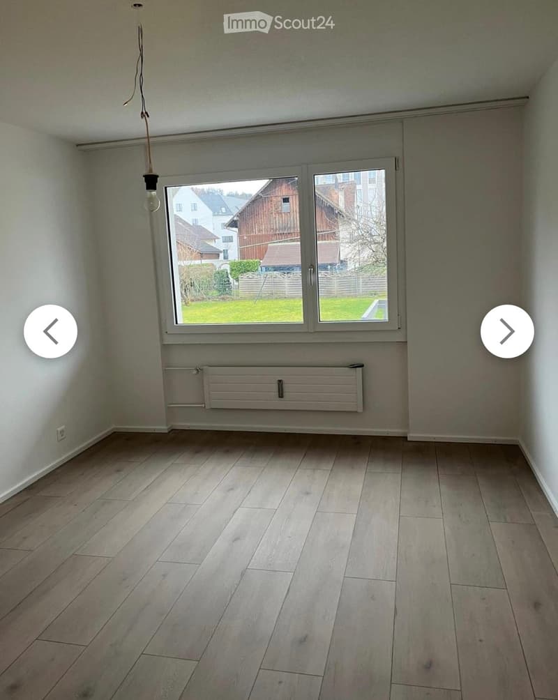 Empty room with light wooden flooring, white walls, large window with view of greenery, radiator, and a single light fixture hanging from the ceiling.