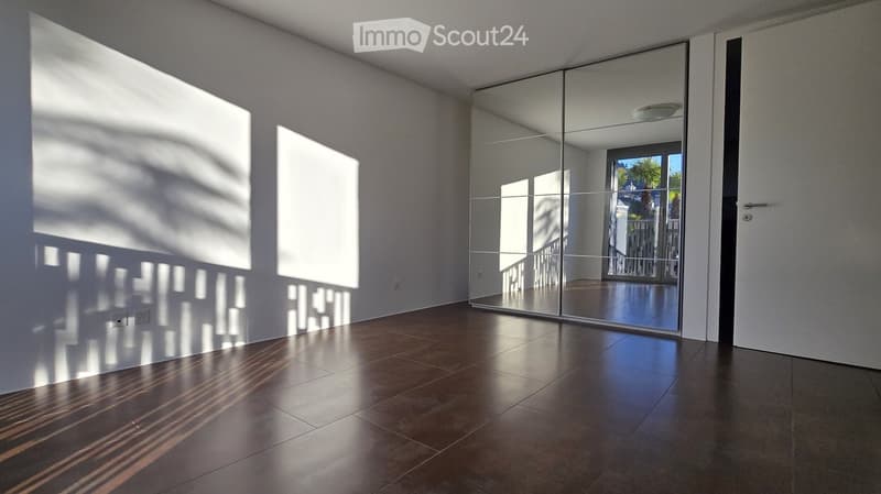 Empty room with brown floor, white walls, full length mirror, and ceiling lamp