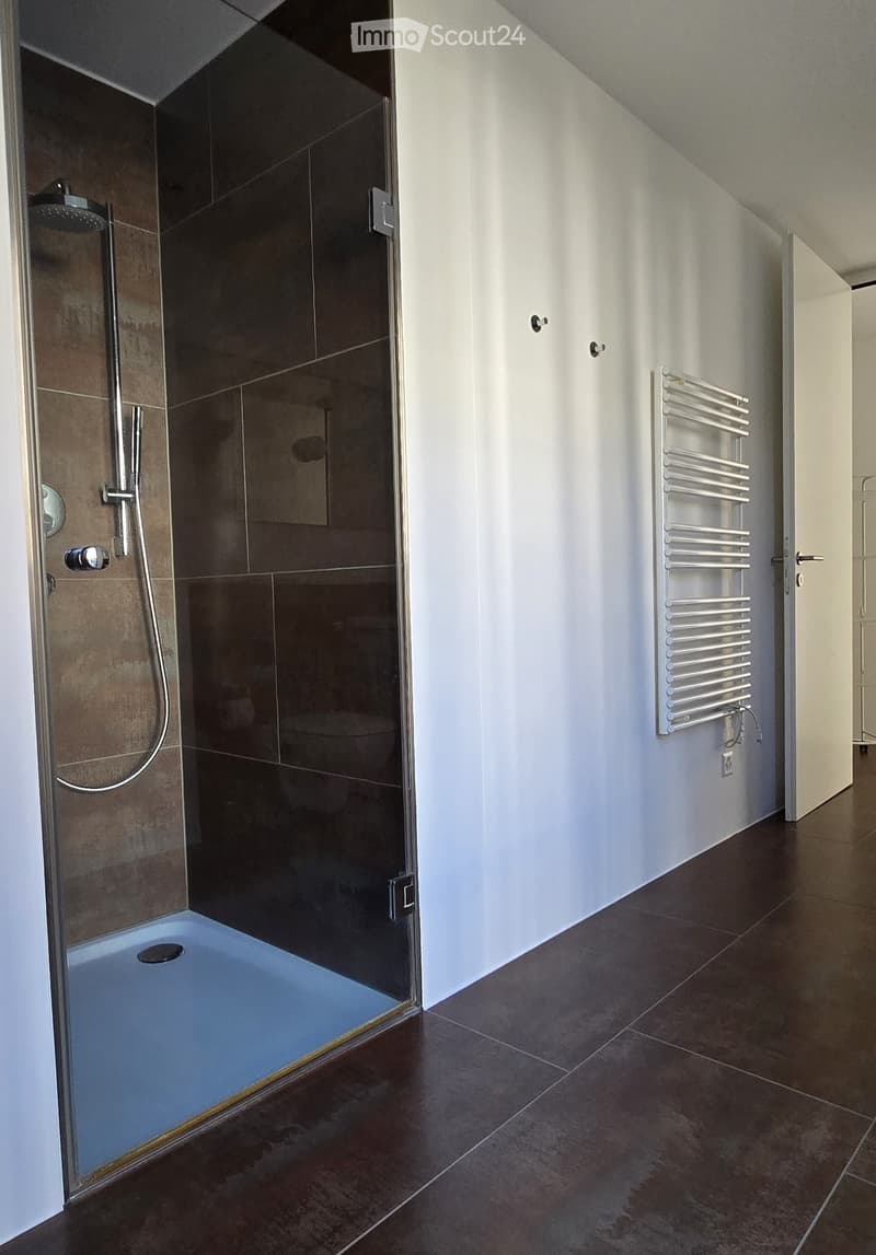 tiled floor, tiled wall, glass enclosed shower, toilet reflected in glass, white door, heating radiator