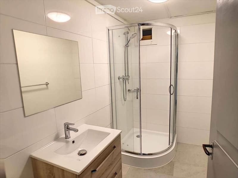Modern bathroom with a white tiled shower stall, a sink with a chrome faucet, and a mirrored cabinet.