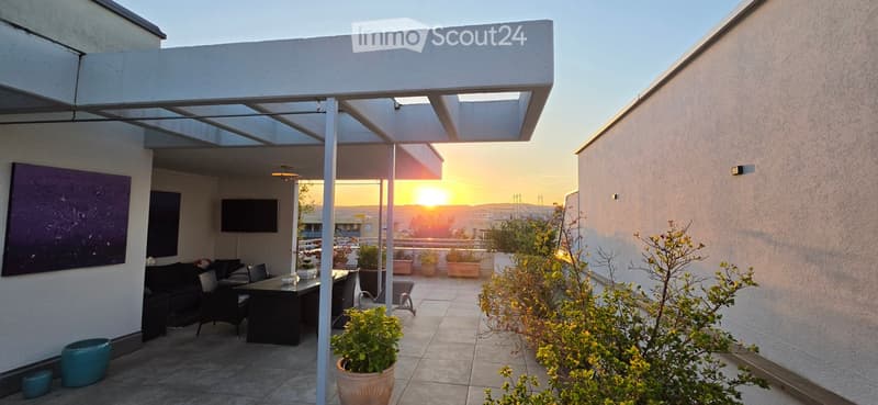 A modern rooftop terrace with a covered seating area, outdoor dining table, chairs, potted plants, and a view of the cityscape at sunset.