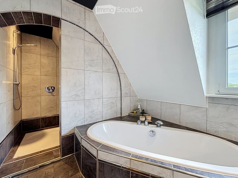 Modern bathroom with a large bathtub, separate shower area, and multiple faucet handles.