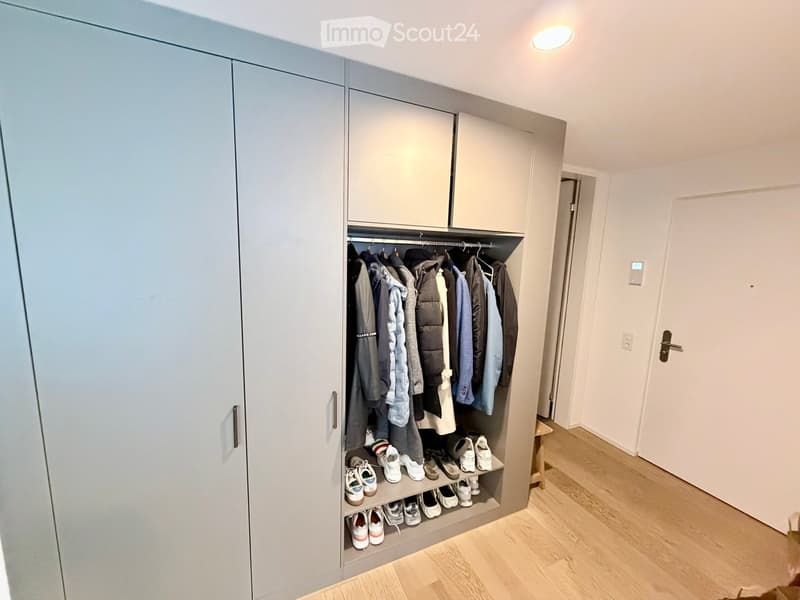 Modern hallway with built-in closet, clothing rack, and shoe storage. Light wood flooring and white walls.