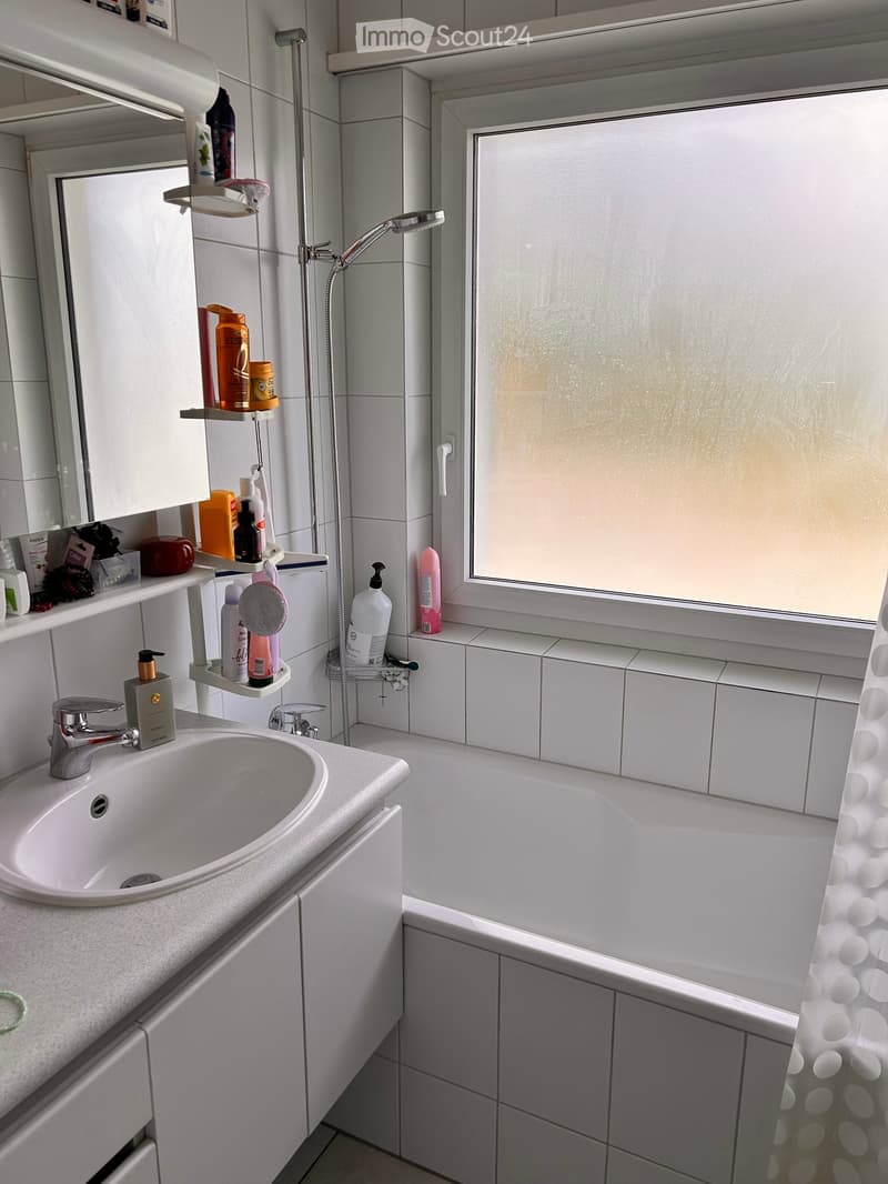 Modern bathroom with a white sink, bathtub, shower, and shelves holding various toiletries and products.