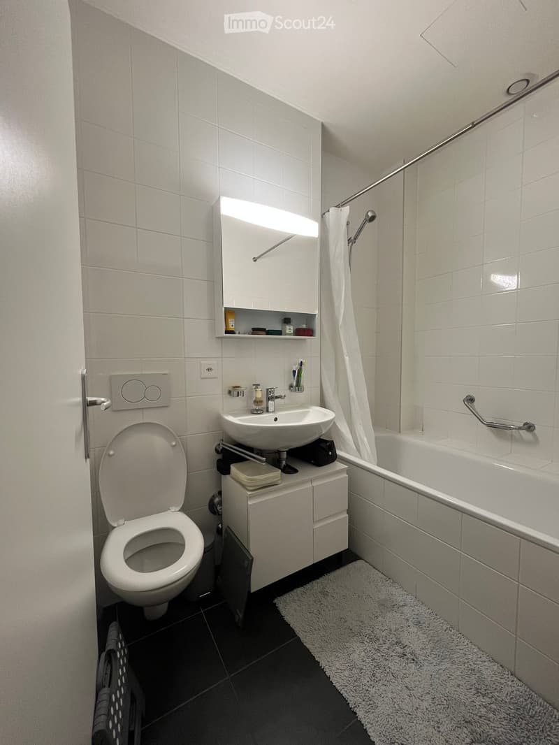 Modern bathroom with white tiles, a toilet, a sink with a cabinet, a bathtub, a mirror, and a shower curtain. Includes a small rug on the floor.