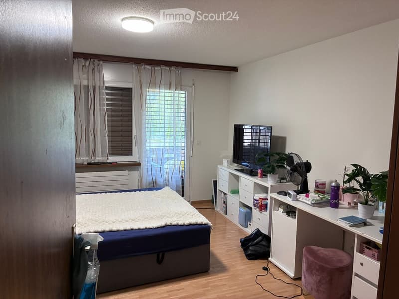 A furnished bedroom with a bed, desk, chair, fan, screen, and plants. The room features wooden flooring, white walls, and a window with curtains.