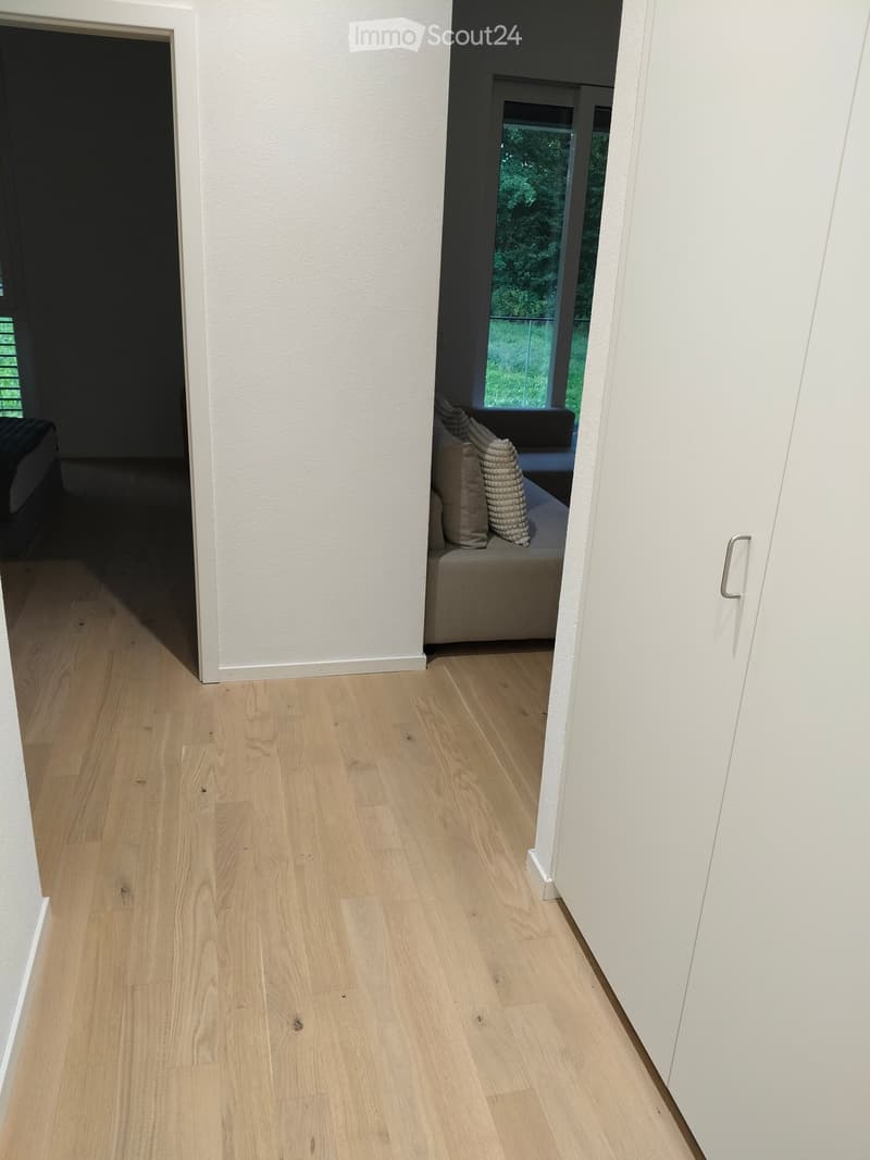 Empty hallway with light wooden flooring, white walls, and a partially visible adjacent room with a sofa and pillows.