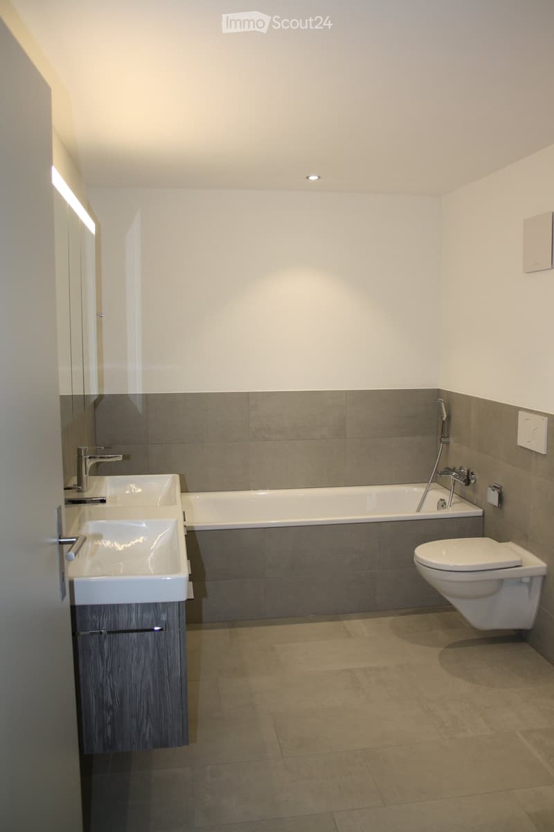 Modern bathroom with double sink, bathtub, toilet, and sleek wooden cabinet.