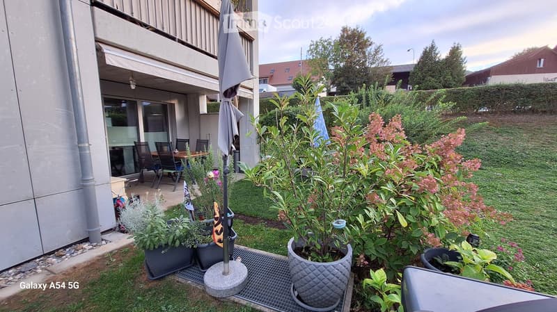 Well-maintained garden with various potted plants, a patio area with a table and chairs, and a large umbrella. The garden is bordered by a hedge and features a mix of greenery and flowering plants.