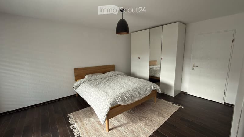 Modern bedroom with a wooden bed, white wardrobe with mirror, dark wooden floor, and a small rug.