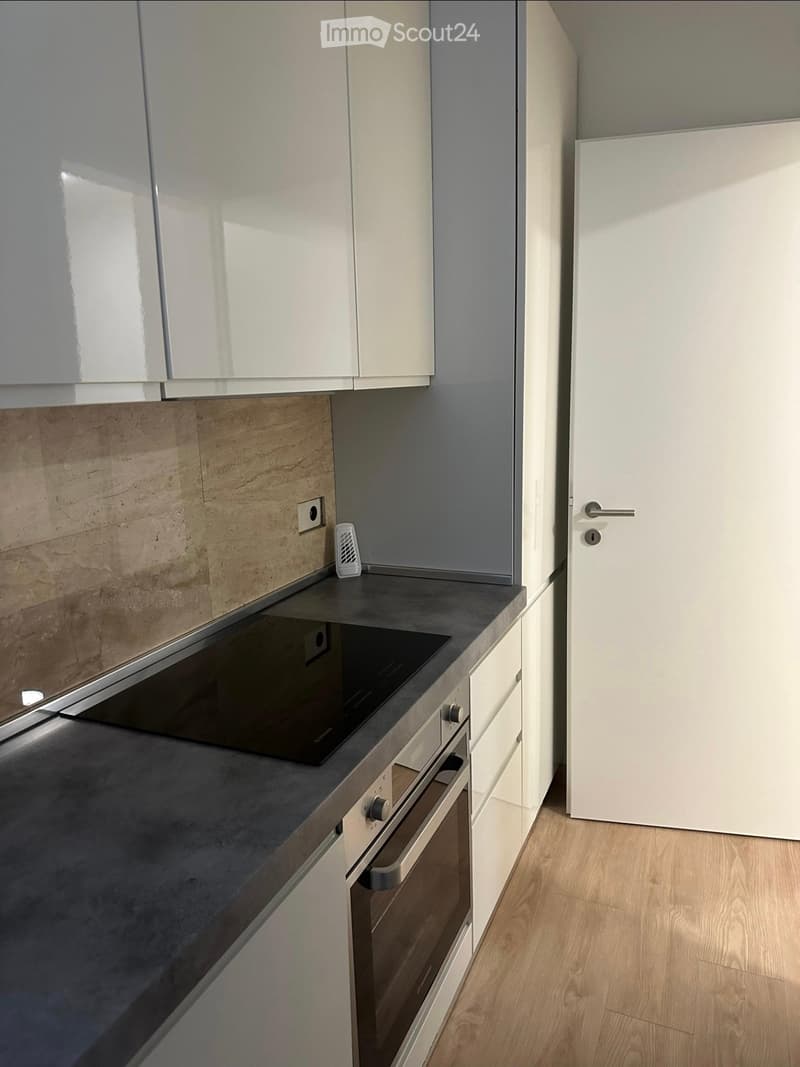 Modern kitchen with white cabinets, dark countertops, and built-in oven. Features a sleek design with a wooden floor and a small appliance on the counter.