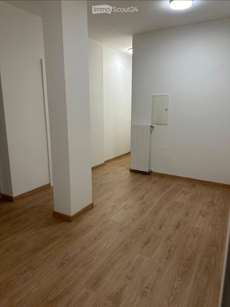 Empty hallway with wooden flooring, white walls, and a radiator on one side.