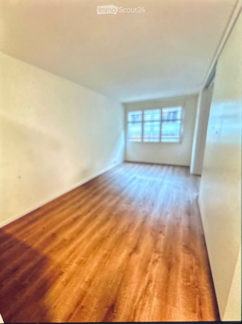 Empty room with wooden flooring and white walls, featuring a large window at the far end.