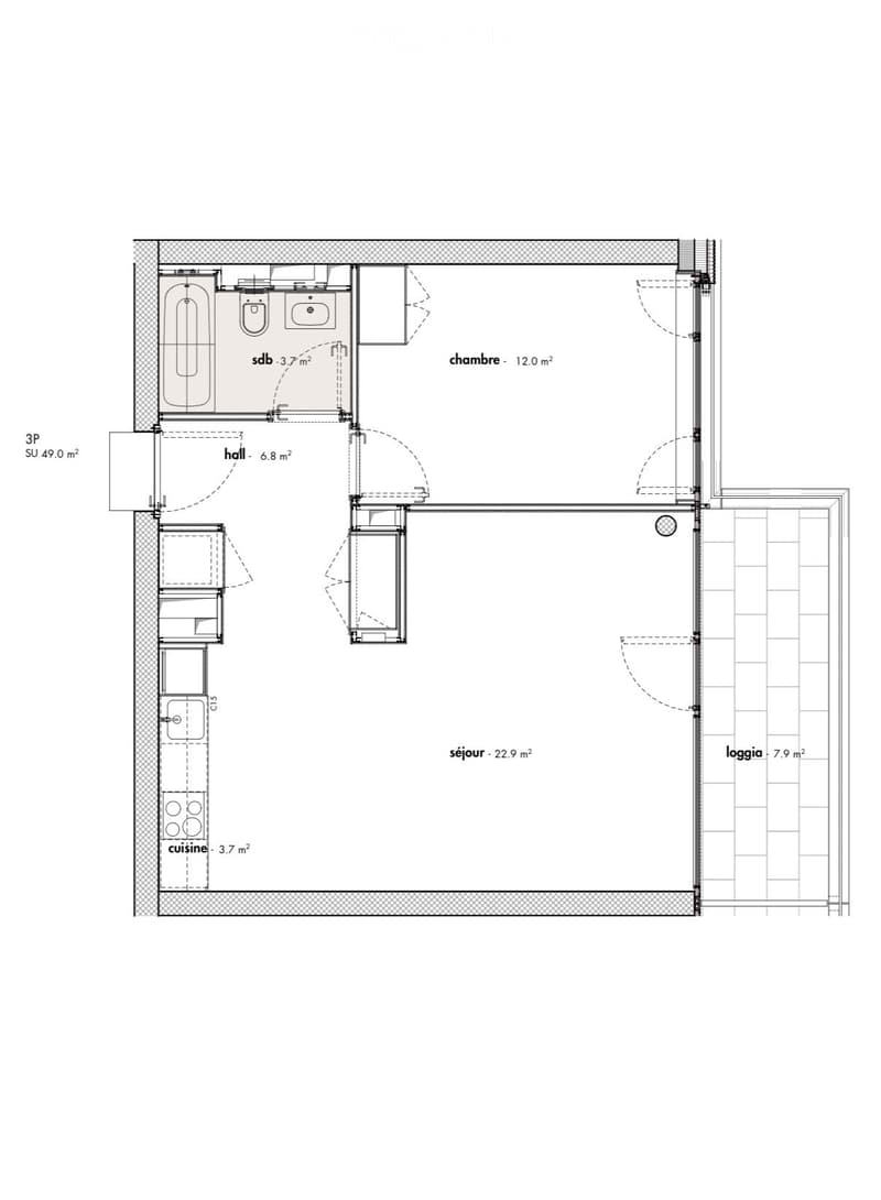 Floor plan of a 3-room apartment with a living area, bedroom, kitchen, bathroom, hallway, and loggia.
