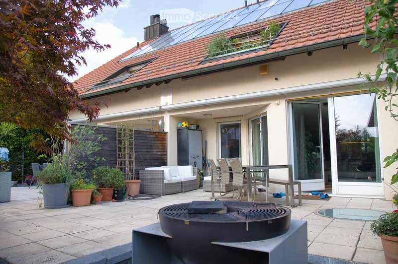 Outdoor patio area with a wicker sofa, dining table and chairs, potted plants, and a central fireplace. The patio is connected to a modern house with large glass doors and a tiled roof.