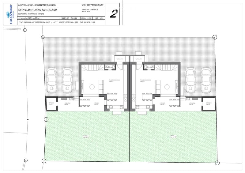 Ground floor plan of a two-family house with two apartments, each featuring living rooms, bedrooms, bathrooms, and entrances. Includes parking spaces, patios, and outdoor areas.