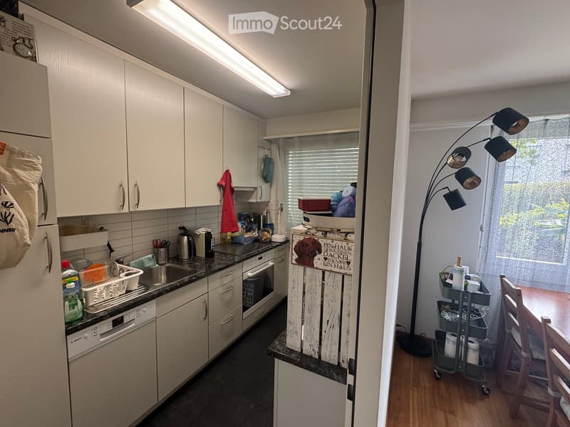 Modern kitchen with white cabinets, stainless steel appliances, and a dining area with a table and chairs. The kitchen features a countertop with various items, including a kettle, a coffee maker, and cleaning supplies. A floor lamp is positioned near the