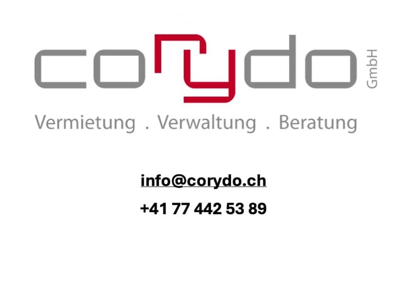 Business card for Corydo GmbH, featuring the company logo, services (rental, management, consulting), email address, and phone number.