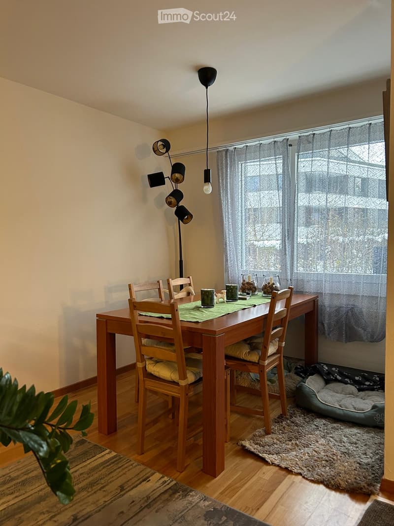Dining area with wooden table, chairs, cups, vases, and a lamp. There is a pet bed in the corner.