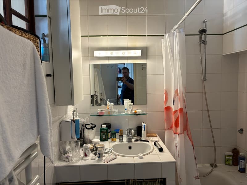 Bathroom with a sink, mirror, cabinet, towel, shower curtain, and various toiletries on the counter.