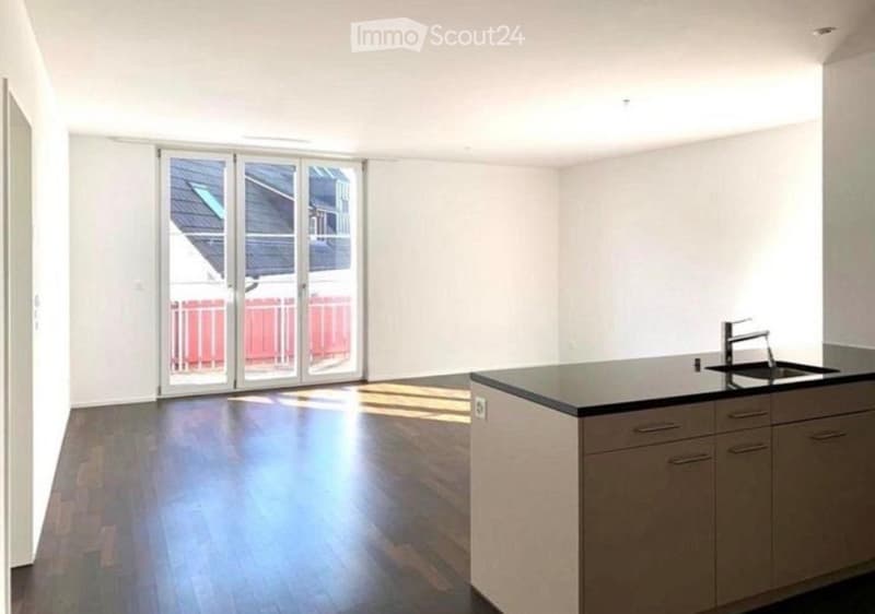 Empty kitchen with wooden flooring, white walls, and a modern sink area. Large sliding glass doors lead to a balcony.