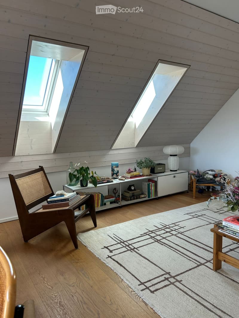 Cozy attic living space with wooden floors, slanted ceilings, skylights, and modern furniture including a chair, table, books, lamp, cabinet, and plants.