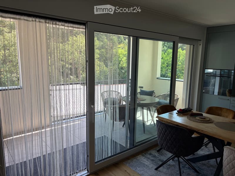 Modern dining area with a wooden dining table, chairs, and a small outdoor seating area visible through large glass doors.