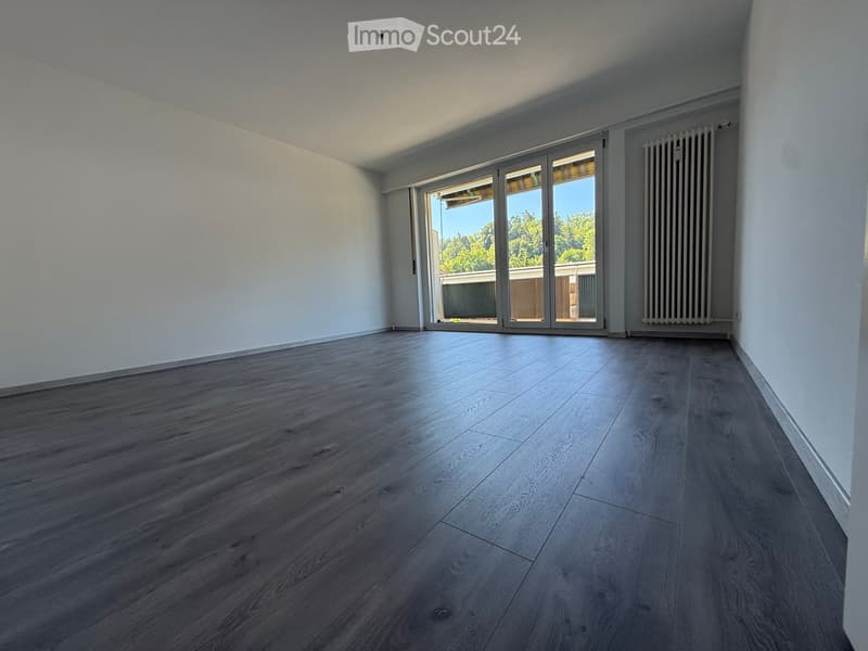 Empty room with wooden flooring, white walls, large sliding glass doors leading to a balcony, and a radiator on the wall.