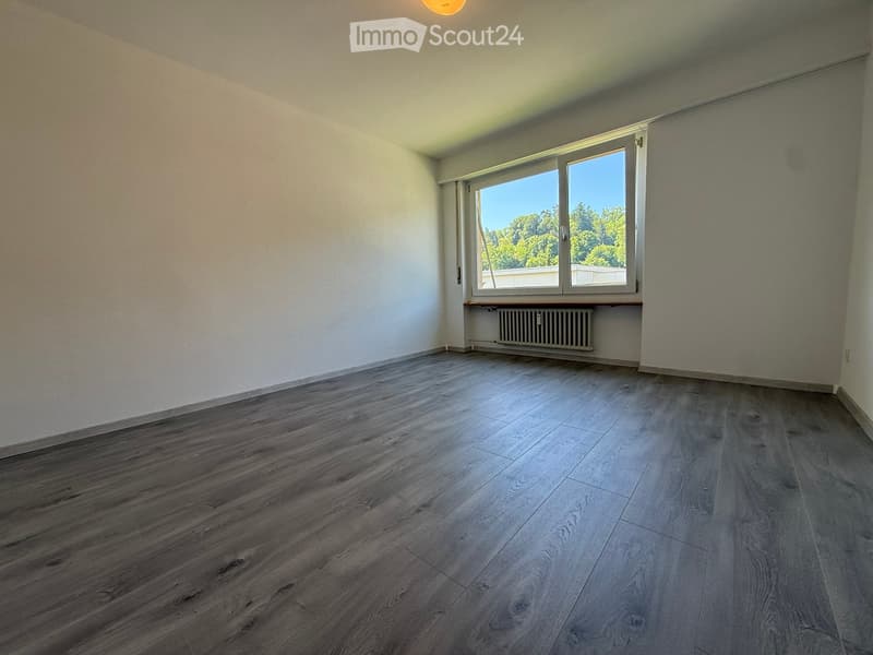 Empty room with wooden flooring, white walls, and a large window offering a view of greenery outside. A radiator is visible under the window.