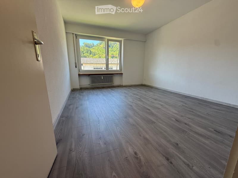Empty room with wooden flooring, white walls, large window with view, radiator, and a door handle visible.