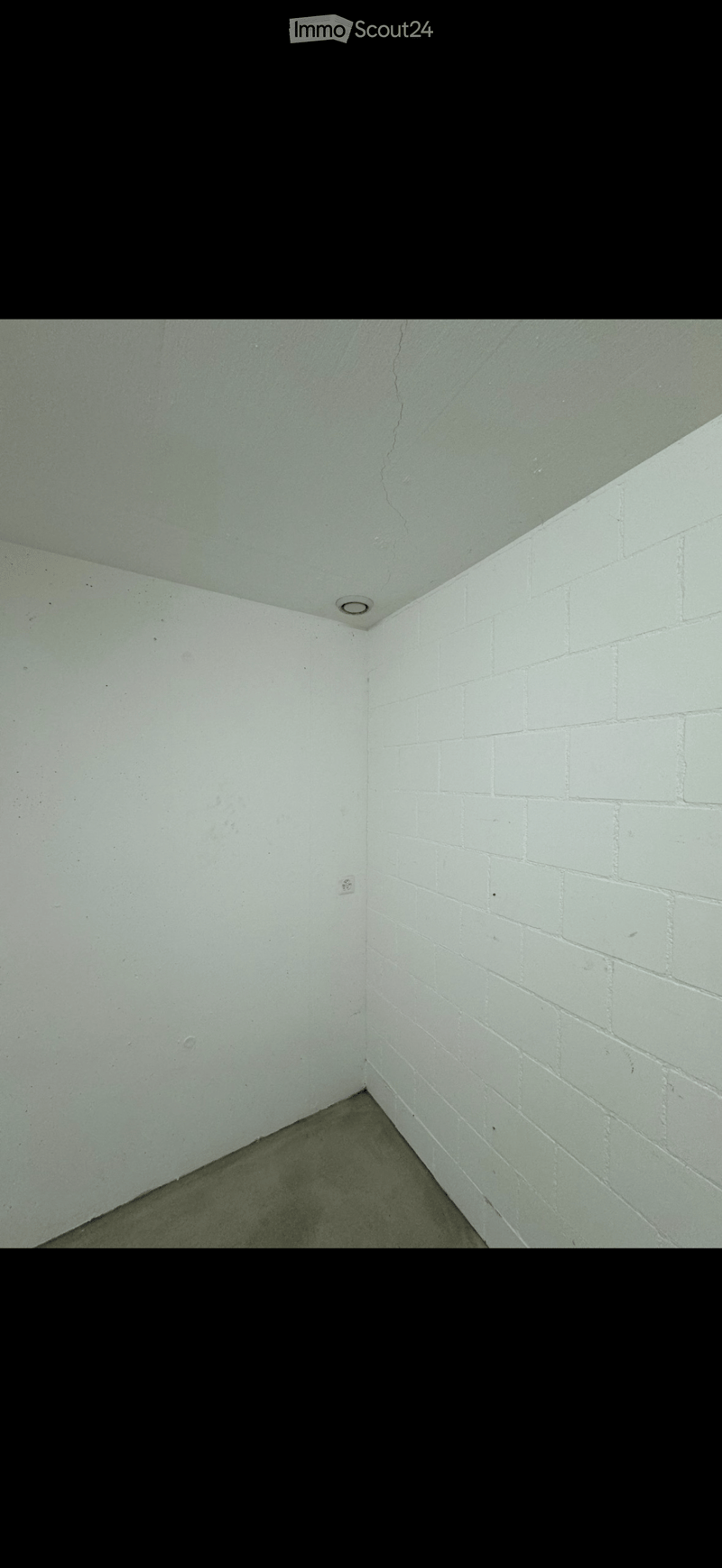 Empty room with white brick walls, concrete floor, and a single ceiling light fixture.