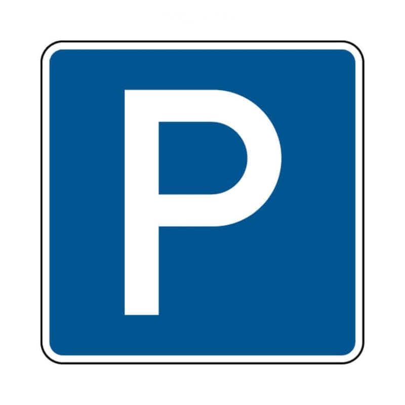 A blue square parking sign with a white letter "P" in the center, indicating a parking area.