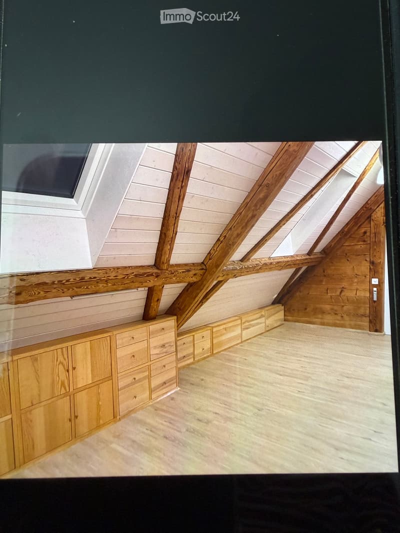 An attic space with exposed wooden beams, white paneled ceiling, skylight window, and built-in wooden cabinetry along one wall.