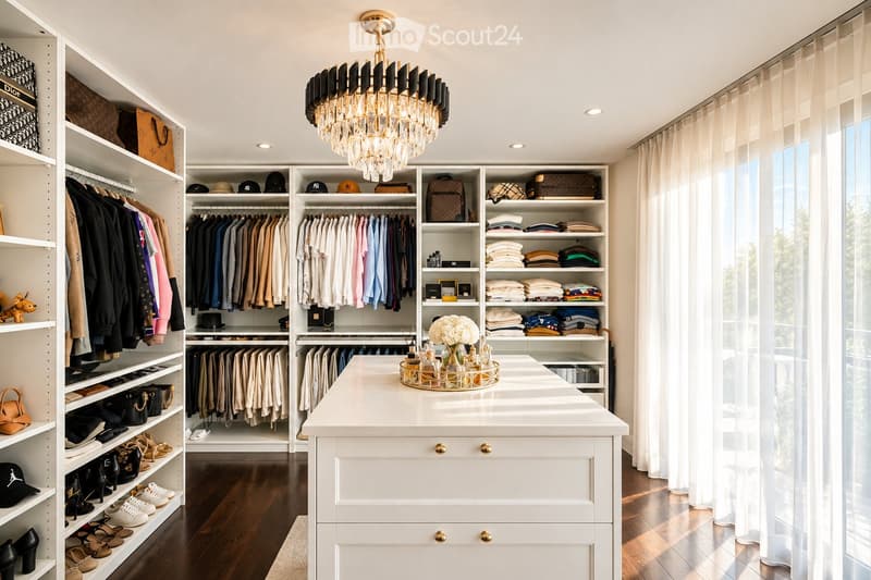 A well-organized walk-in closet with white built-in wardrobes, shelves filled with folded clothes, hanging garments, and various accessories. A large chandelier hangs from the ceiling, and a white vanity table with a decorative tray sits in the center.
