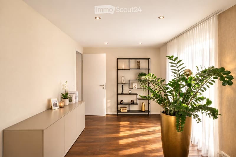 Modern hallway with wooden flooring, white walls, and large windows with sheer curtains. Features a sleek cabinet with decorative items, a tall plant in a gold pot, and a black shelving unit with various decorative objects.