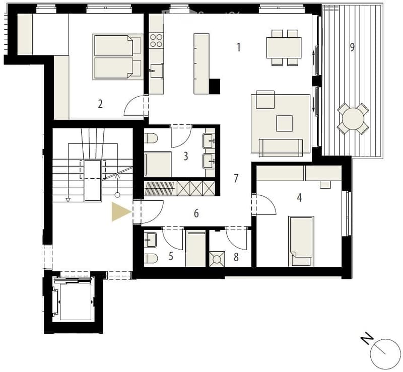 Floor plan of a multi-room residential space including a living room, dining area, kitchen, bedrooms, bathrooms, and a balcony.