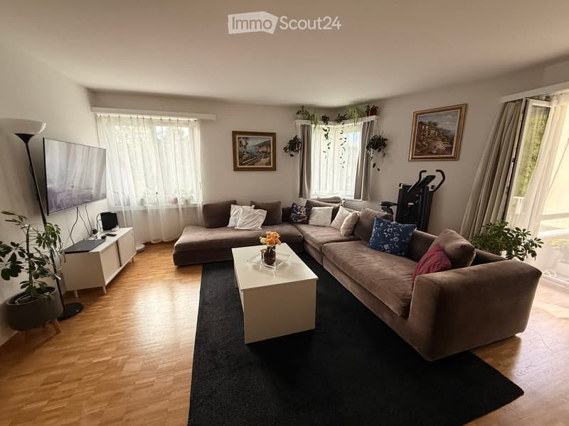 Modern living room with a sectional sofa, coffee table, floor lamp, laptop, and decorative plants. Large windows with sheer curtains allow natural light to fill the space.