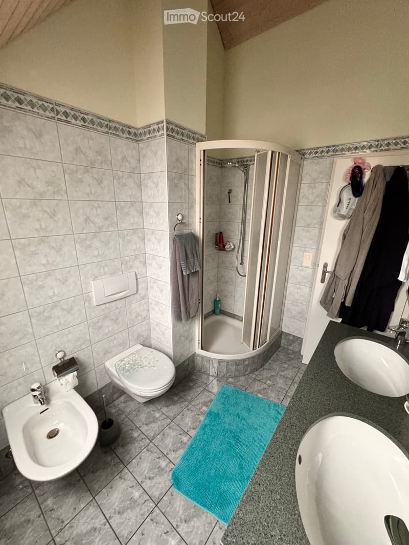 Modern bathroom with a toilet, bidet, bathtub, sink, and a walk-in shower. Includes a towel, bathrobe, and a blue bathmat on the floor.