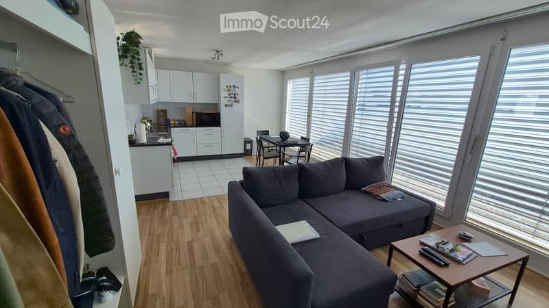 A modern, open-concept living and dining area with a grey sectional sofa, coffee table, dining table with chairs, and a small kitchen area with white cabinets and a refrigerator.