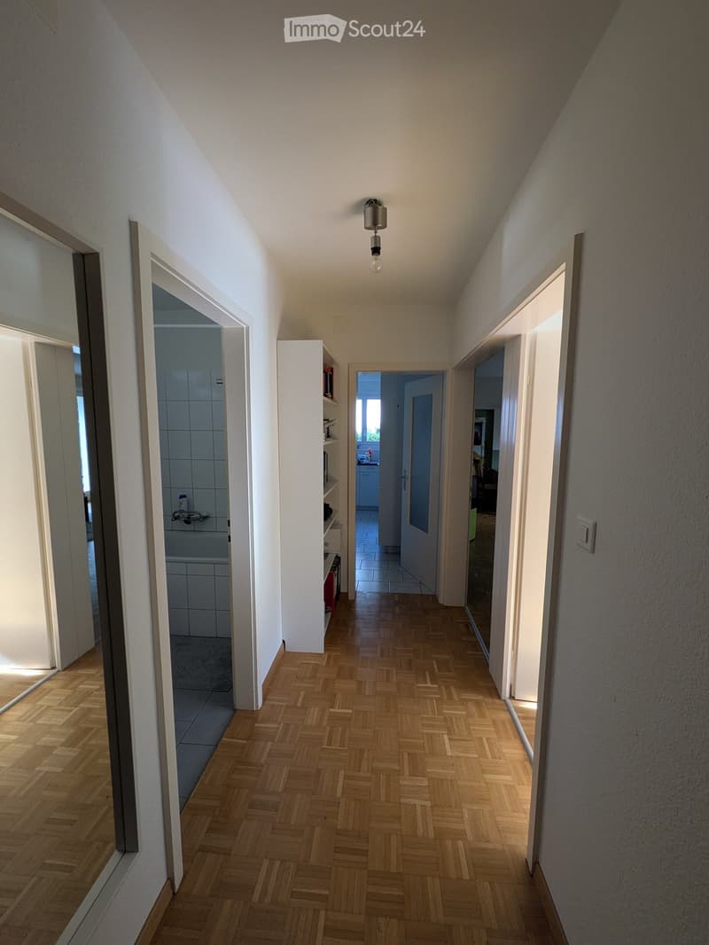 A narrow hallway with wooden herringbone flooring, white walls, and several doors leading to different rooms. The ceiling has a single hanging light fixture.