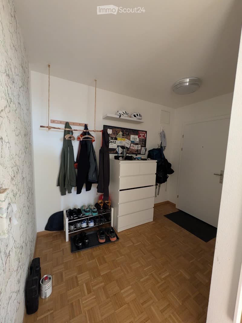 Hallway with wooden flooring, coat rack, shoe rack, storage unit, and a few personal items like helmets and bags.