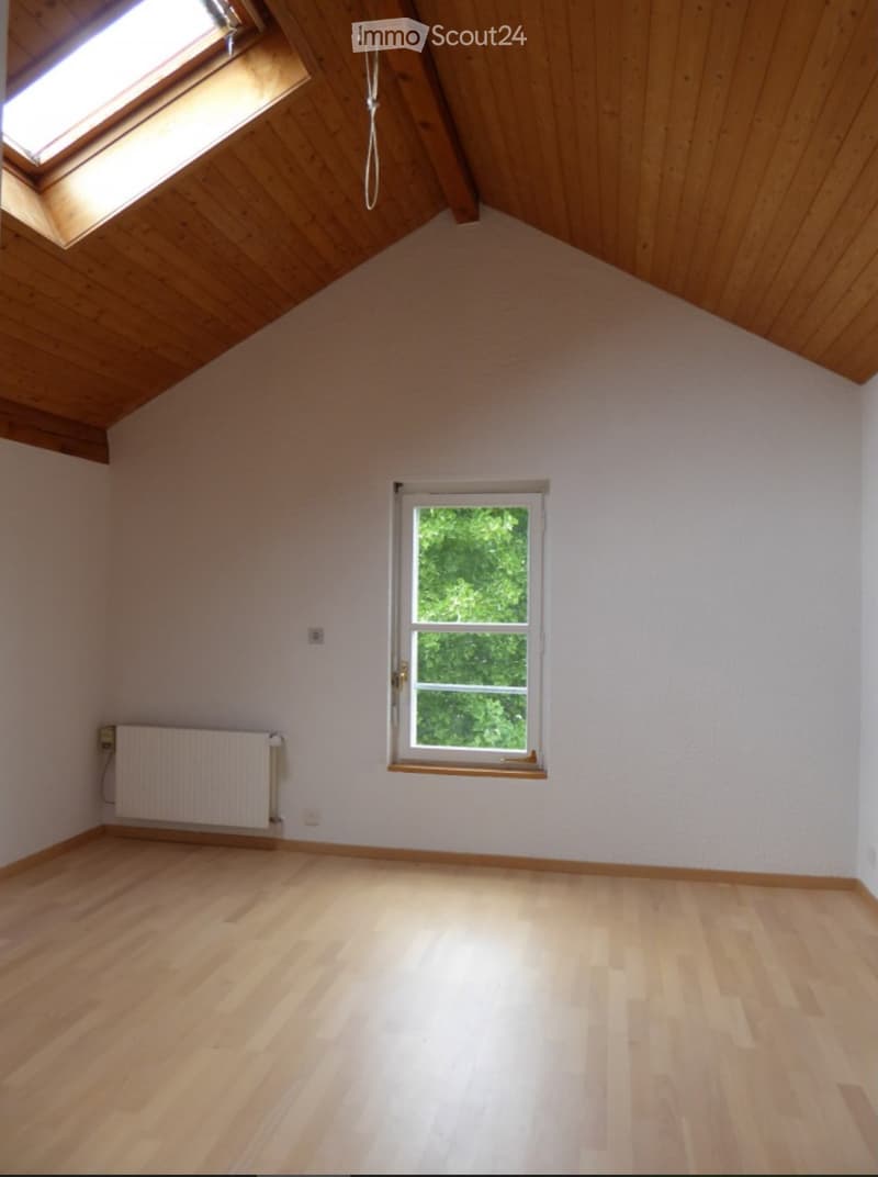 Empty attic room with wooden floors, white walls, and two windows, one with a skylight. Features a radiator and electrical outlets.
