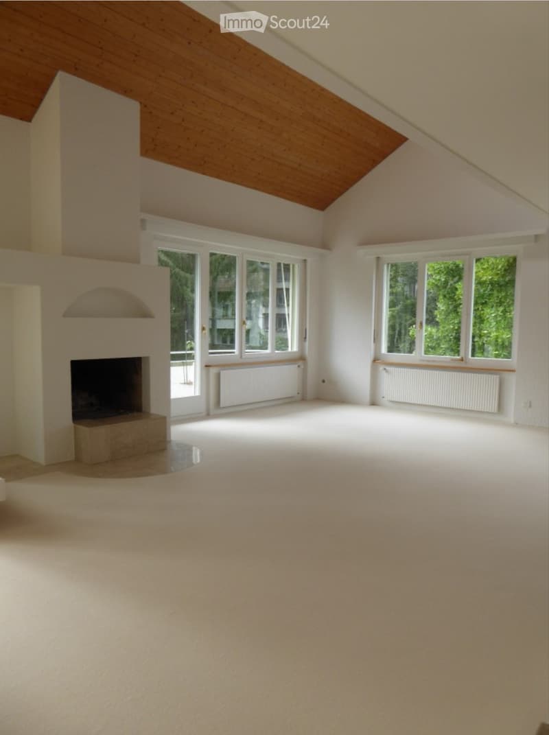 Empty room with white walls, wooden slanted ceiling, large windows, fireplace, and radiators.