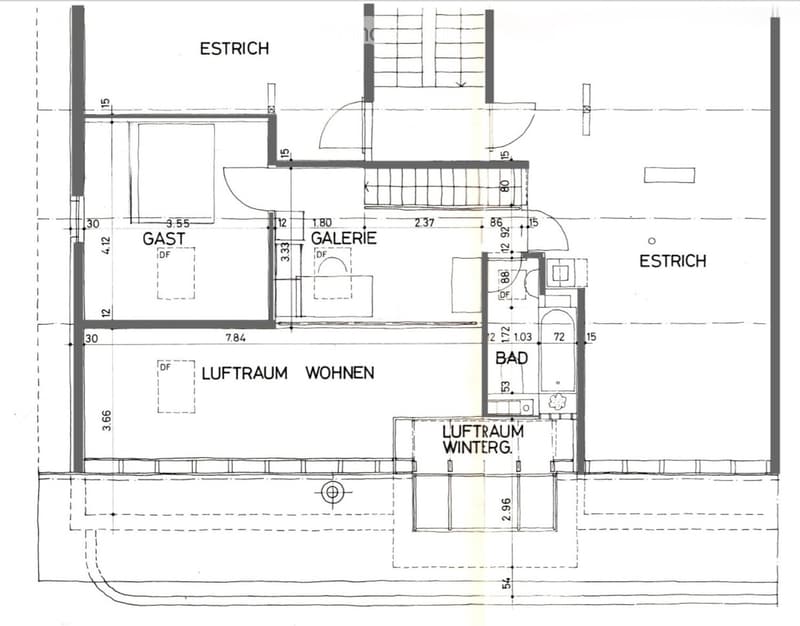 Floor plan showing a living area, guest room, gallery, bathroom, and winter room with dimensions labeled.