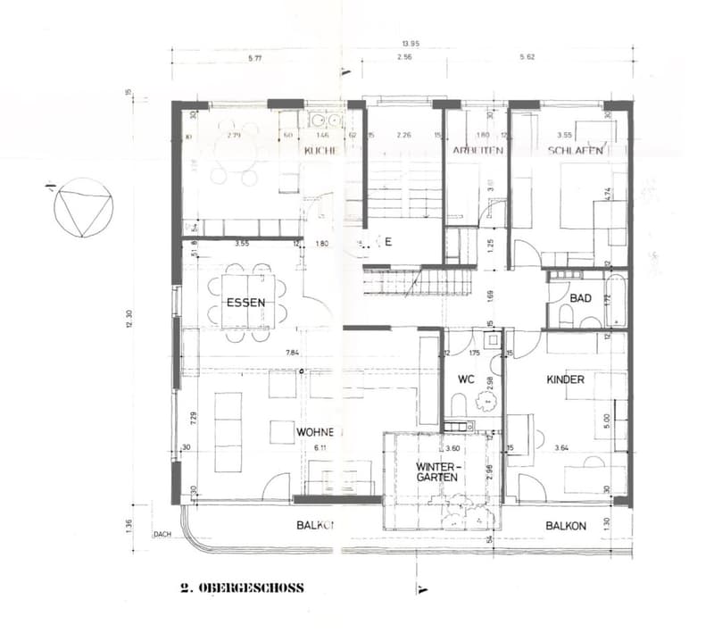 Floor plan of the upper floor showing kitchen, dining area, living room, bedroom, bathroom, children's room, winter garden, and two balconies.