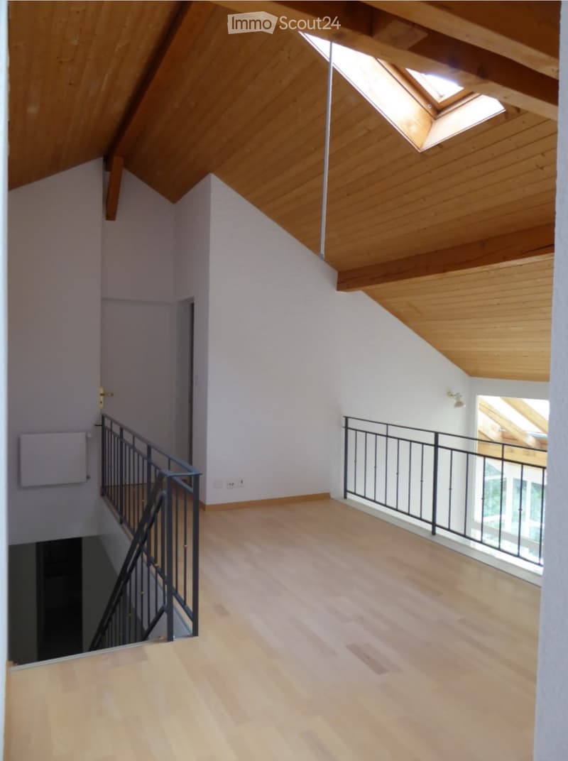 Empty room with wooden flooring, white walls, and a wooden slanted ceiling. Features a metal railing and a skylight window.