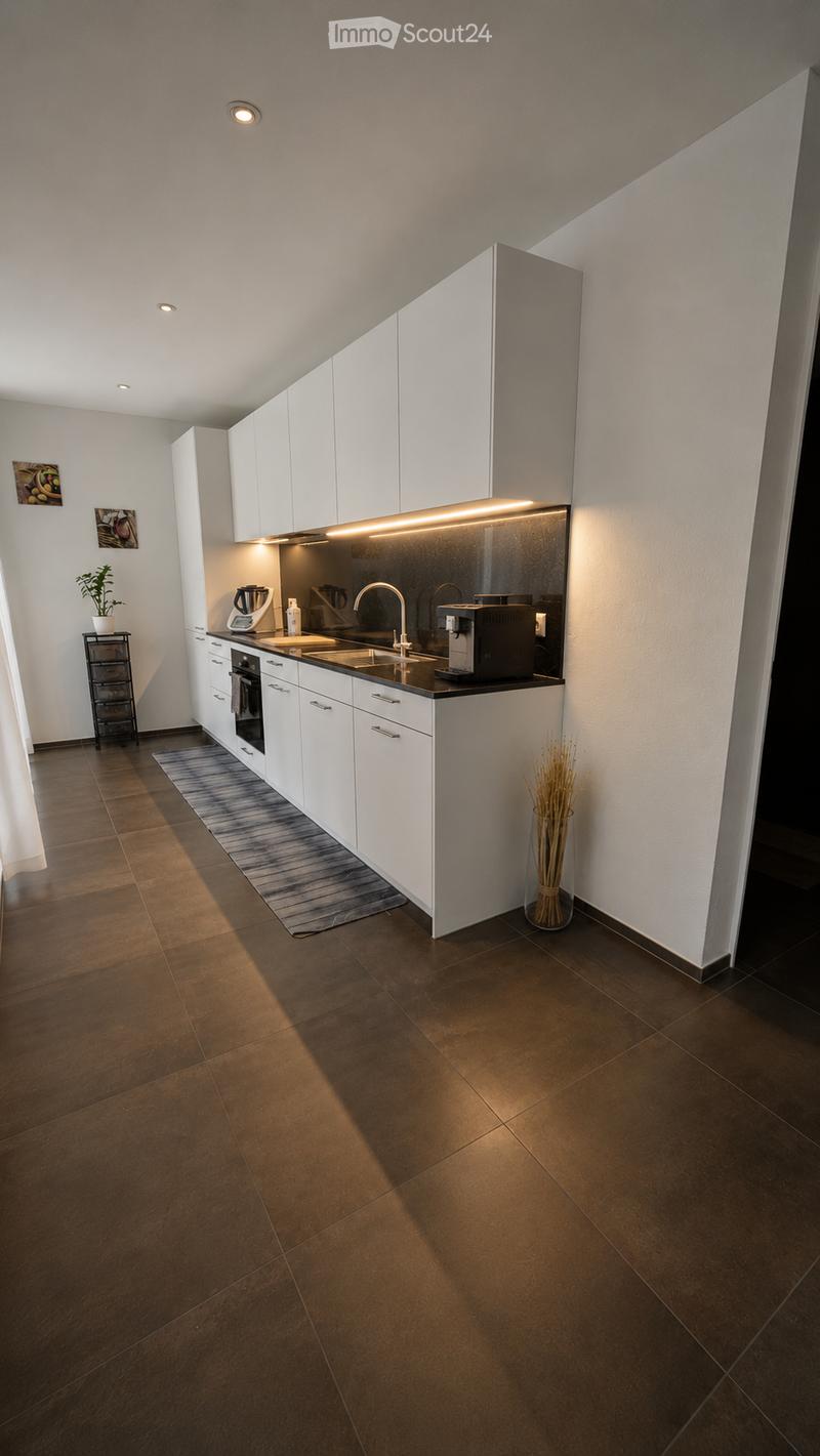 Modern kitchen with white cabinets, stainless steel appliances, dark countertops, and a small plant on a shelf.