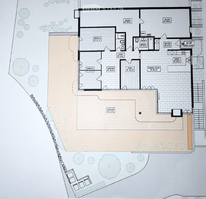 Floor plan of a house with multiple rooms including living room, dining room, bedrooms, bathrooms, and a garage. The layout includes a kitchen, living area, and outdoor space.